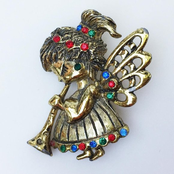 BEATRIX Vintage gold tone Angel playing Horn brooch - Picture 1 of 2